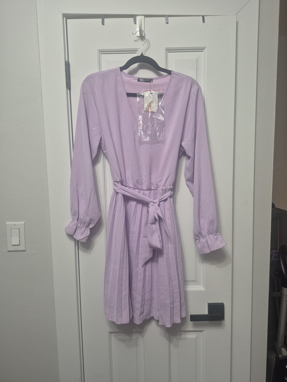 Lilac Long-Sleeve V-Neck Tie-Waist Midi Dress